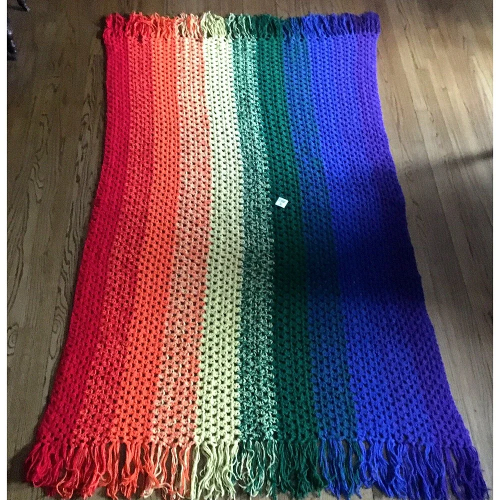 Handmade Crochet Rainbow Afghan Blanket Throw Fringe Edge 54W x 84L